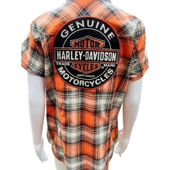 Harley-Davidson Womens Plaid Button-Up Shirt Orange/Black Short Sleeve L - Picture 4 of 6